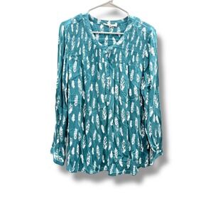 My Danielle Feather Print Boho Blouse Women's XXL Teal Long Sleeve Smocked